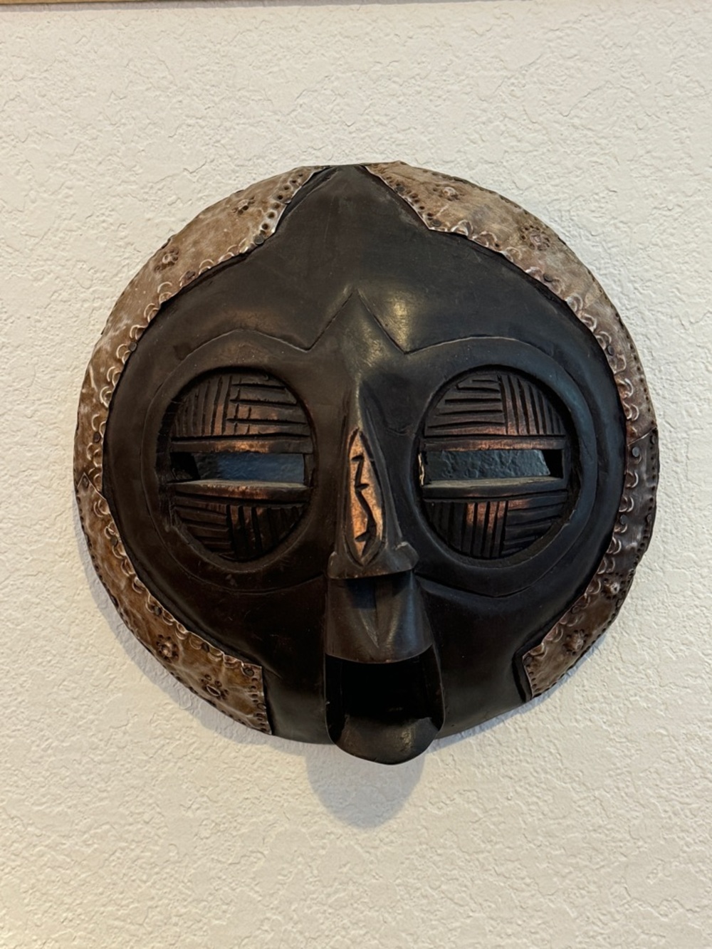 Vintage Hand Carved Wood Matel Tribal Face Mask Wall Art 9.5”